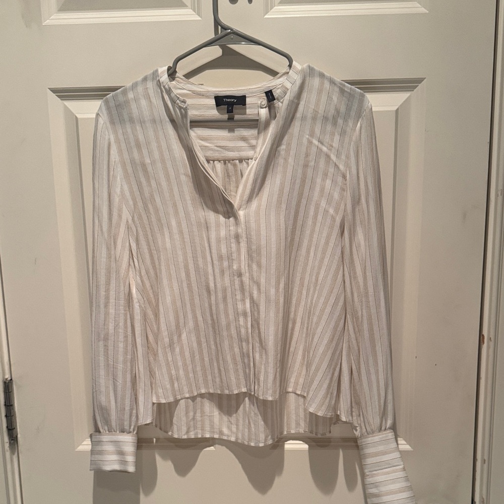 Theory Cream and Light Gray Striped Button-Down Blouse